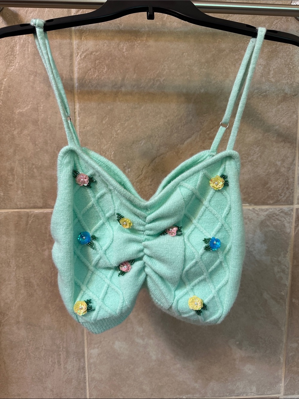 For Love & Lemons Mint Green knit Cropped Tank Top with Floral Appliques